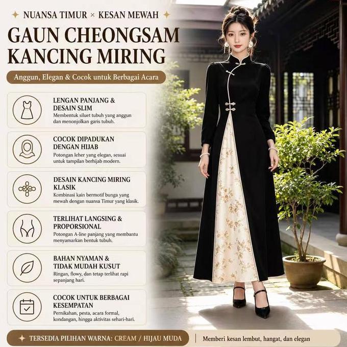 Elegant Oriental Dress - Sentuhan Cheongsam Modern Dress Cina Elegan - dress hitam long dress cheong