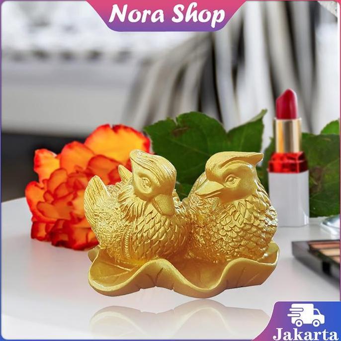 SHWARASA Bebek Mandarin Ornamen Patung Sepasang Bebek Mandarin Gold Simbol Cinta Sejati