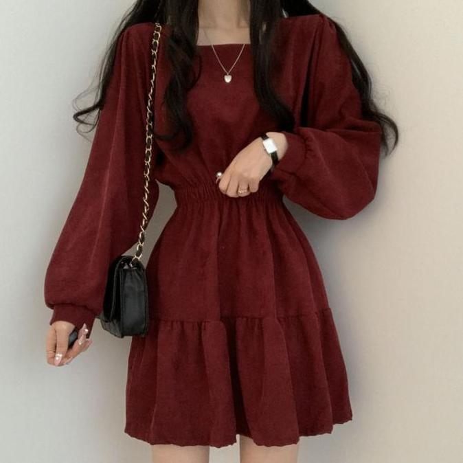 Pilihan - Dress Lengan Panjang Wanita Kerah Persegi/Dress Korean Style/ Gaun Natalan/Dress Terbaru 2