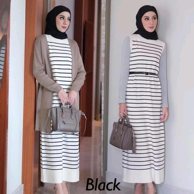 Pilihan - Inner Stripe Dress Span Wanita Tanpa Lengan Bahan Rajut Salur Motip Simple Size M,L,Xl Gam