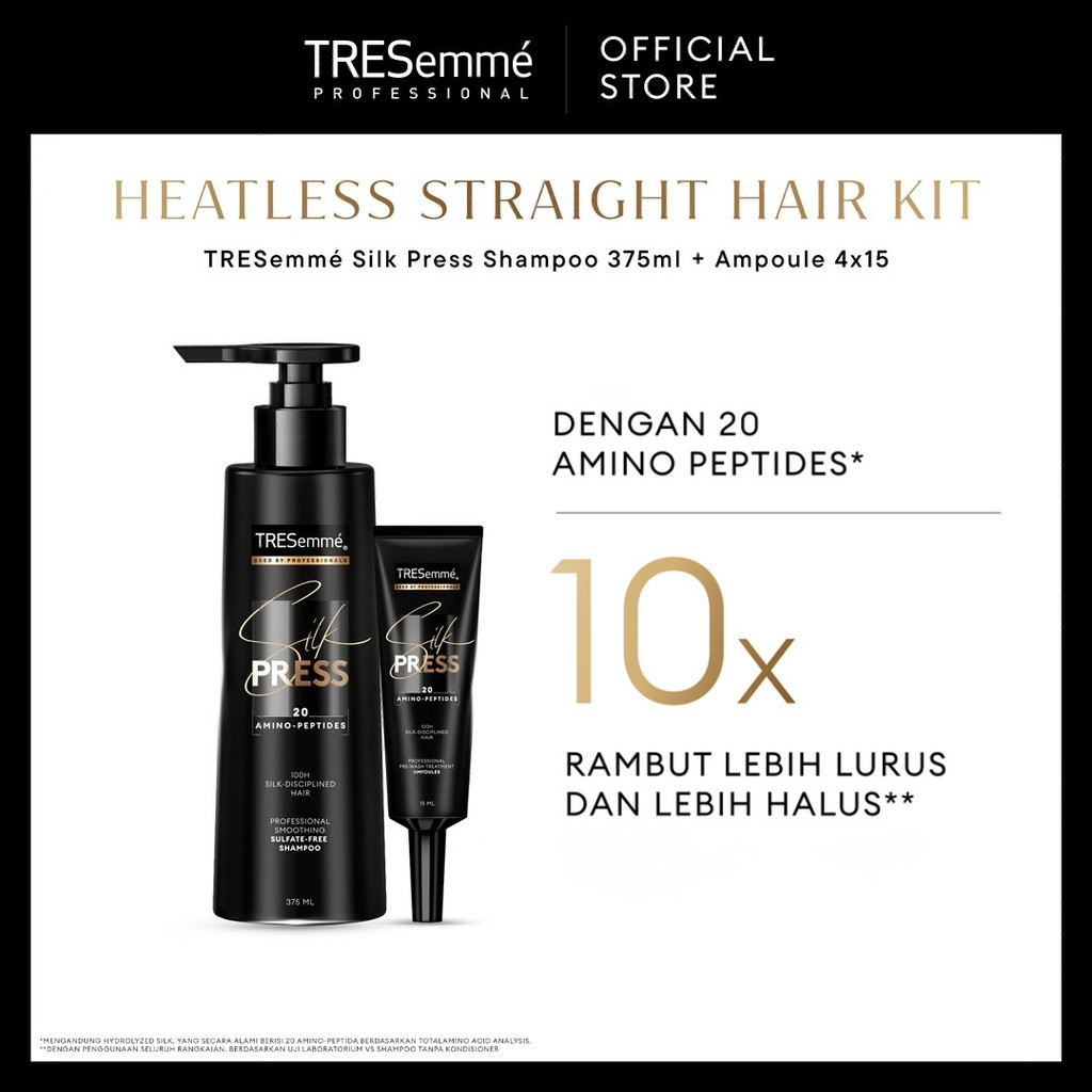 [Heatless Straight Hair Kit] TRESemme Shampoo Silk Press 375ml + TRESemme Ampoule Silk Press 4x15