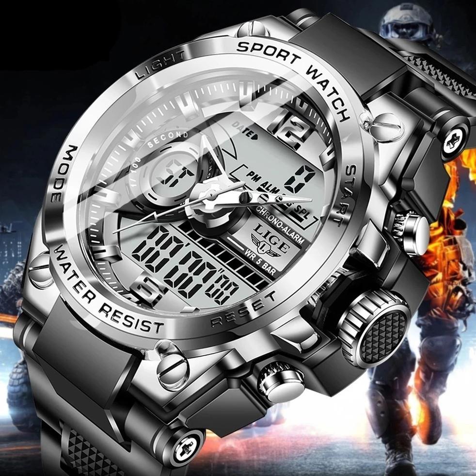 LIGE original jam tangan digital pria fashion bercahaya tahan air multi fungsi jam tangan + kotak