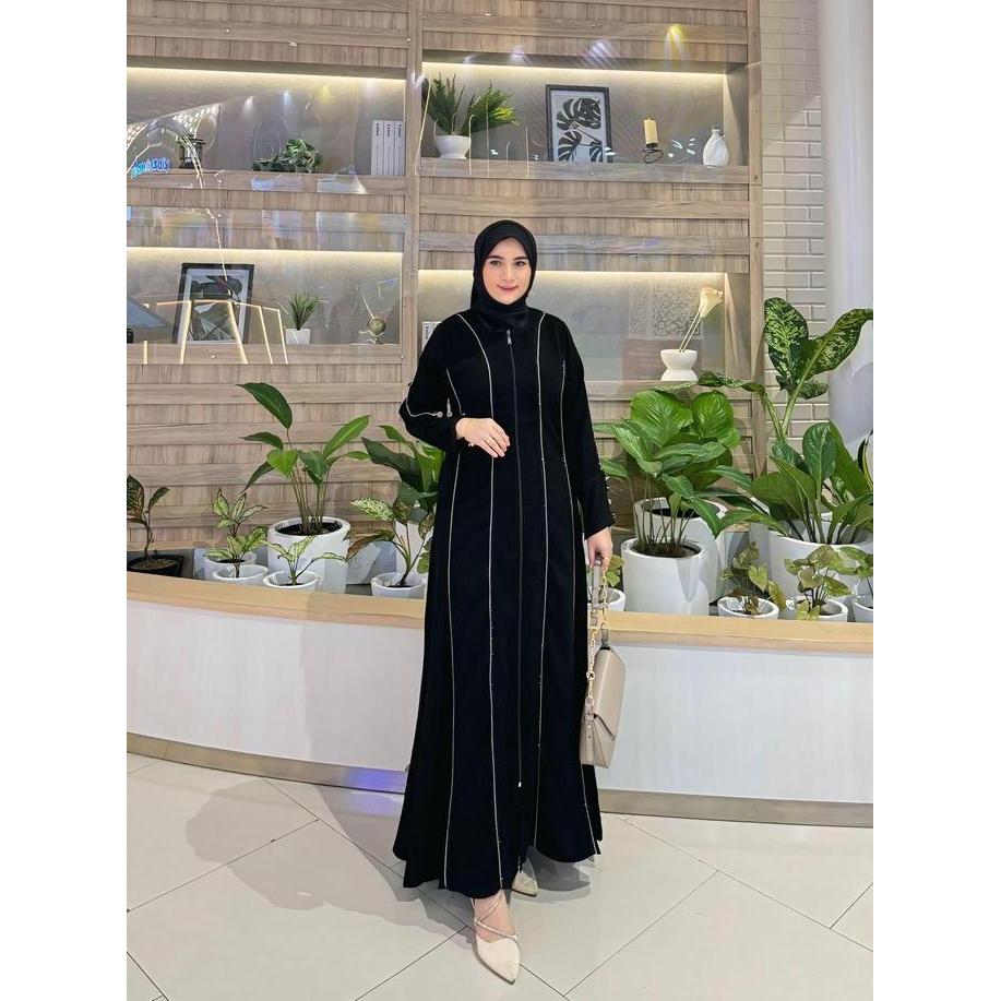 GALERI SICANTIK - COD - Gamis Abaya Hitam Polos Tangan Kancing Full Resleting Kombinasi Payet