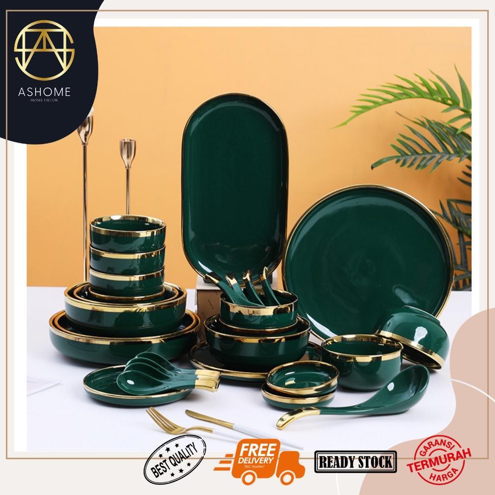 Piring Makan Keramik Hijau Gold / Piring Emerald Keramik List Gold / Mangkuk Keramik Hijau Emerald G
