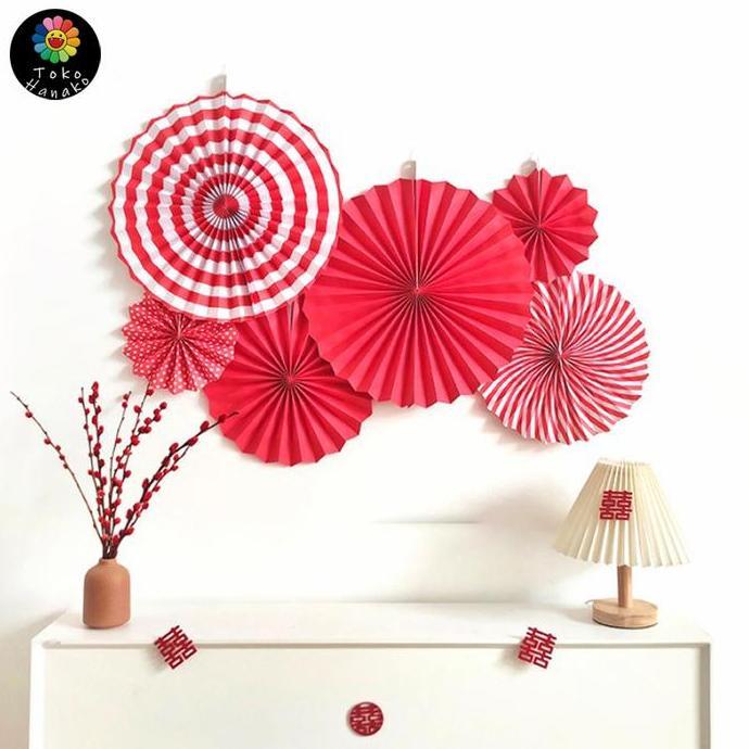 WASEUKA Paper Fan Merah Putih Isi 6 Paper Fan Set Dekorasi Pesta Paperfan