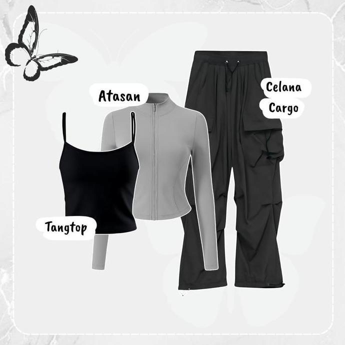 One Set 3In1 Tangtop + Atasan Jaket Sport+ Celana Cargo | Baselayer Midlayer Olahraga Mendaki Hiking