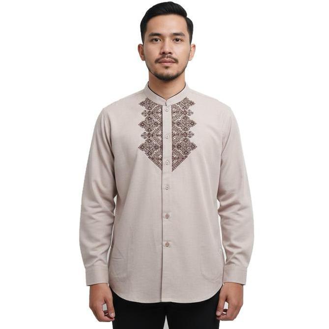 Promo, Topten Kemeja Koko Pria Lengan Panjang Bahan Katun Variasi Bordir Warna Peach / Salem