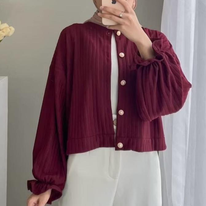 Cardigan Crop Top Hornet Kancing Button Lengan Balon Kerut Top Kardigan Knit Korea