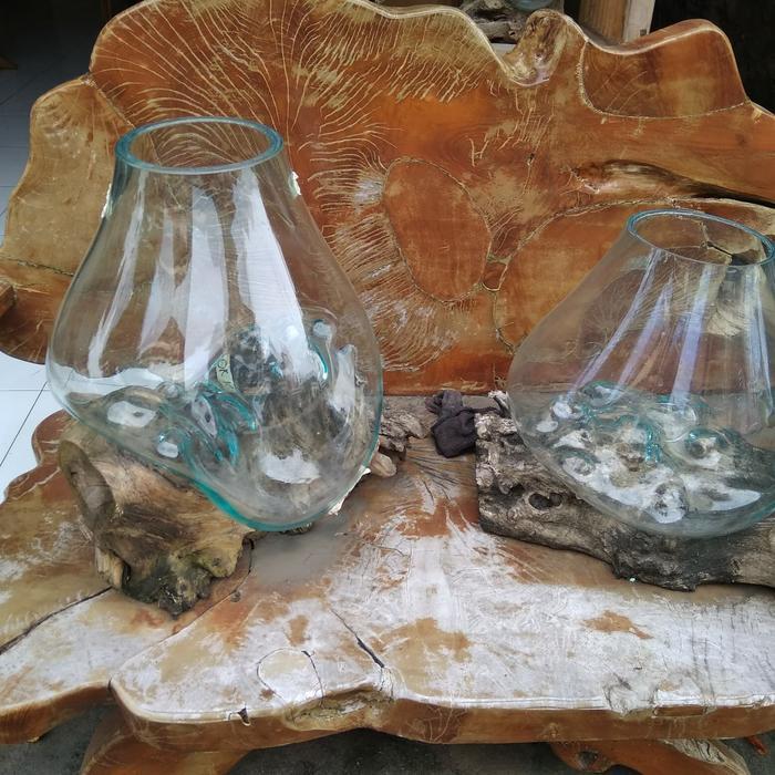 Vas Pot Kaca Akar Kayu Jati Natural (Diameter Kaca 30cm)