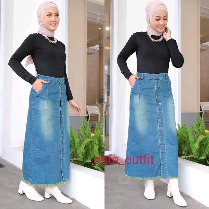 Rok Jeans Span Panjang Gisca Kancing Depan