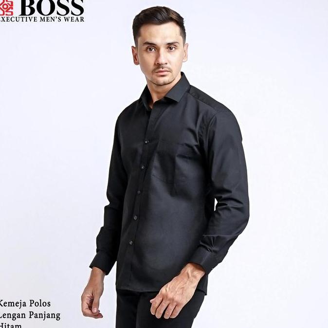 BOSS Kemeja Polos Pria Lengan Panjang Slim Fit Hitam