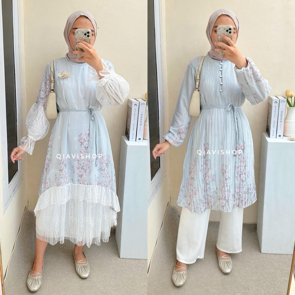 terbaru qiavi shop - revi tunik / tunic atasan plisket simple mewah motif cantik warna pastel kualit