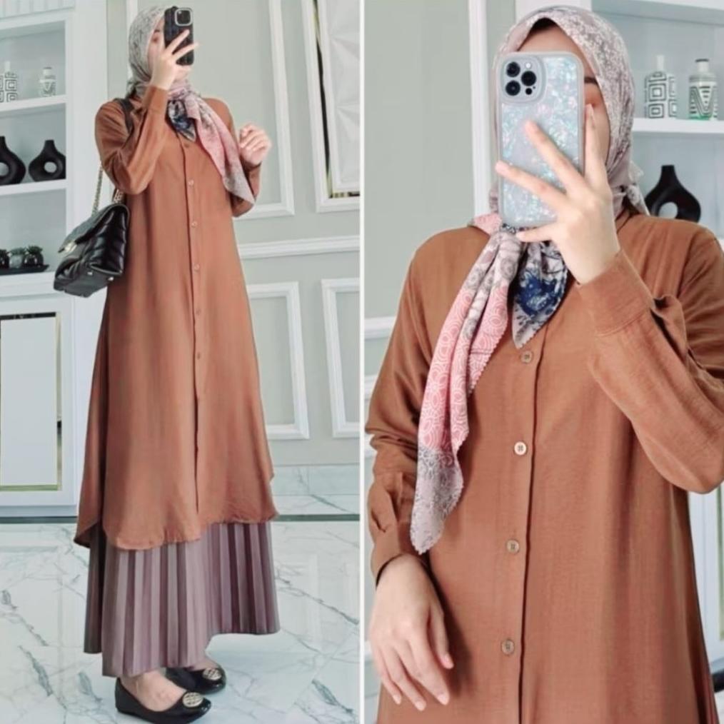new atasan tunik polos wanita full kancing depan semi gamis wanita tunik suxexo terbaru 2025