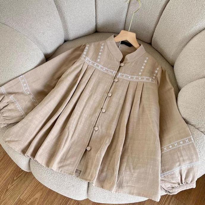 Kemeja Casual Bordir Vintage - Melisa Top Bordir Ethic - Baju Bordir Katun  Linen  Rami Korean Style