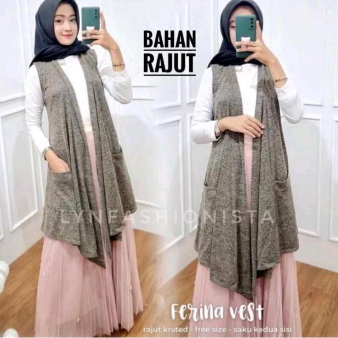 Long Cardigan Wanita Panjang Fashion Muslim Outer Rajut Tanpa Lengan/Ferina