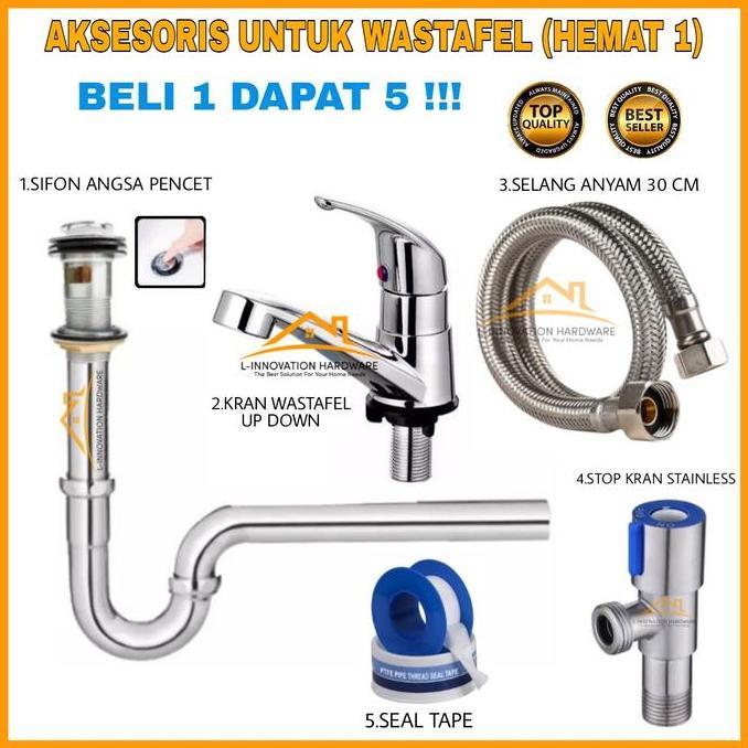 Paket Kran Air Wastafel Cuci Tangan Keran Shower Selang Anyam Stainles