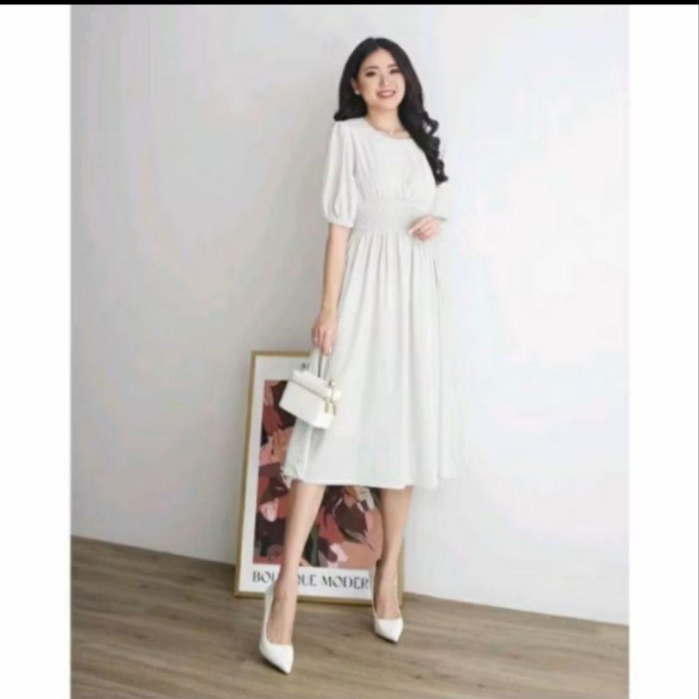 Best Deals Soora Midi Dress Wanita, Dres Pesta Lengan Karet