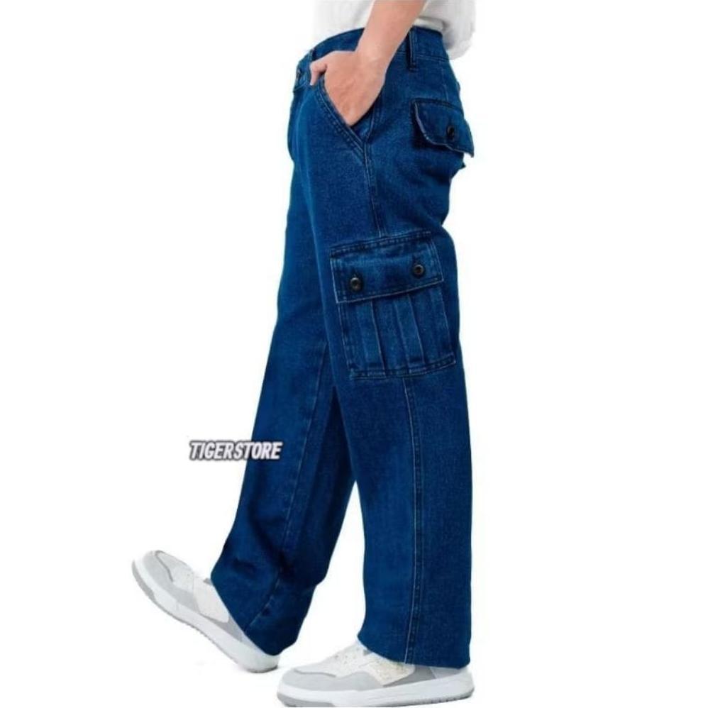 KUALITAS SUPER Long Cargo Pants Jeans Pria Loose Fit  Nstrech Regular Cargo Jeans Denim Black Sandwa