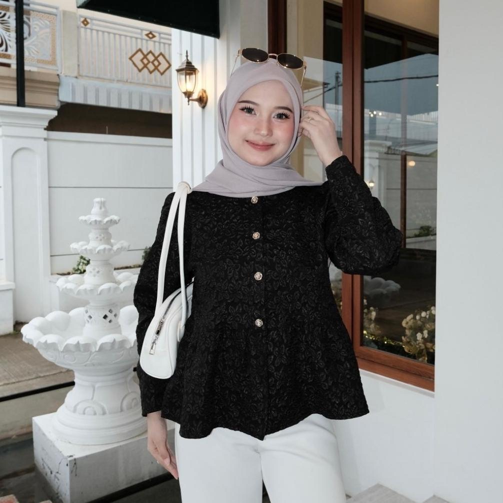 DISKON MODEST - Kiana Blouse Flower Blouse Jacquard Atasan Peplum Lengan Panjang Baju Blouse Lebaran
