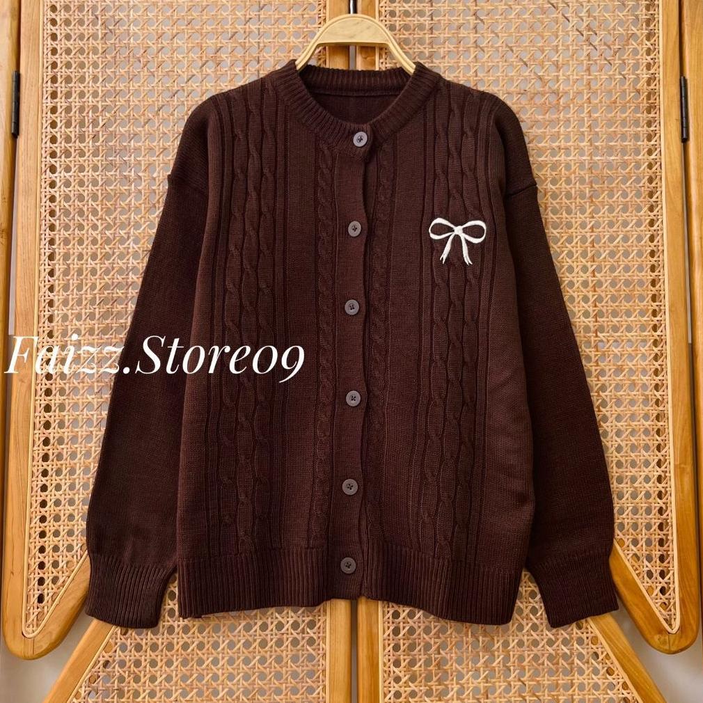 official oclo cardy knit - outer atasan cardigan rajut wanita kancing motif cable bordir pita simple