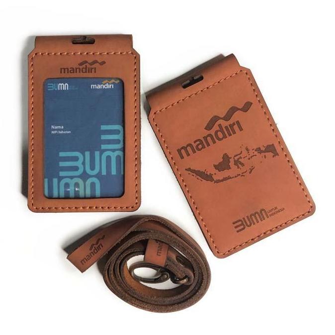 ID card Kulit sapi asli name tag holder Gantungan lanyard custom nama dan logo magnet tempel saku