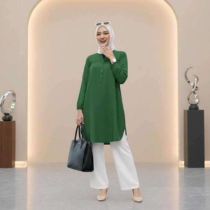 Tunik Wanita Lengan Panjang Katun Viscose Hijau Botol Size L-6L Nyaman Busui Friendly Tunik Polos Ad