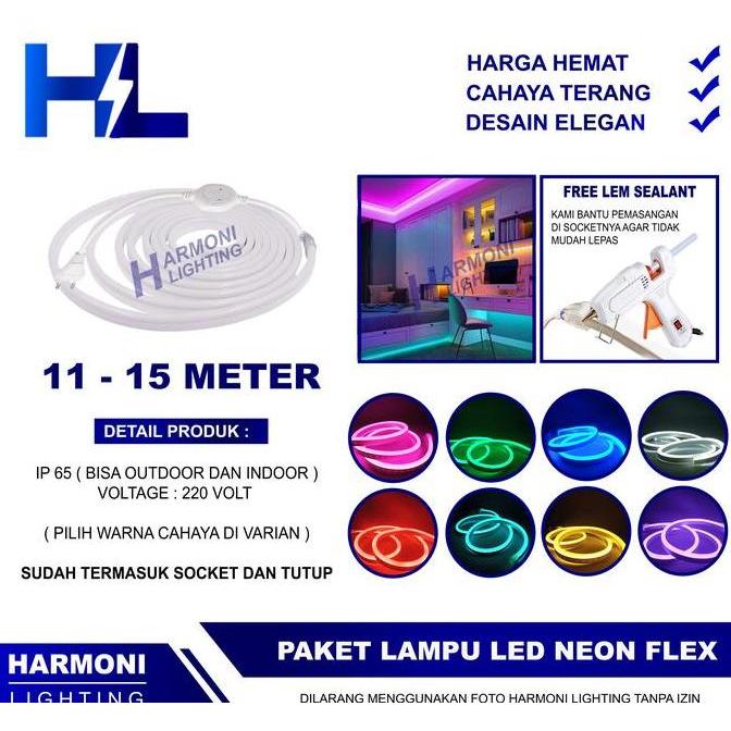 Paket Siap Colok 11-15 Meter Neon Flex LED Strip Lampu Selang Flexible
