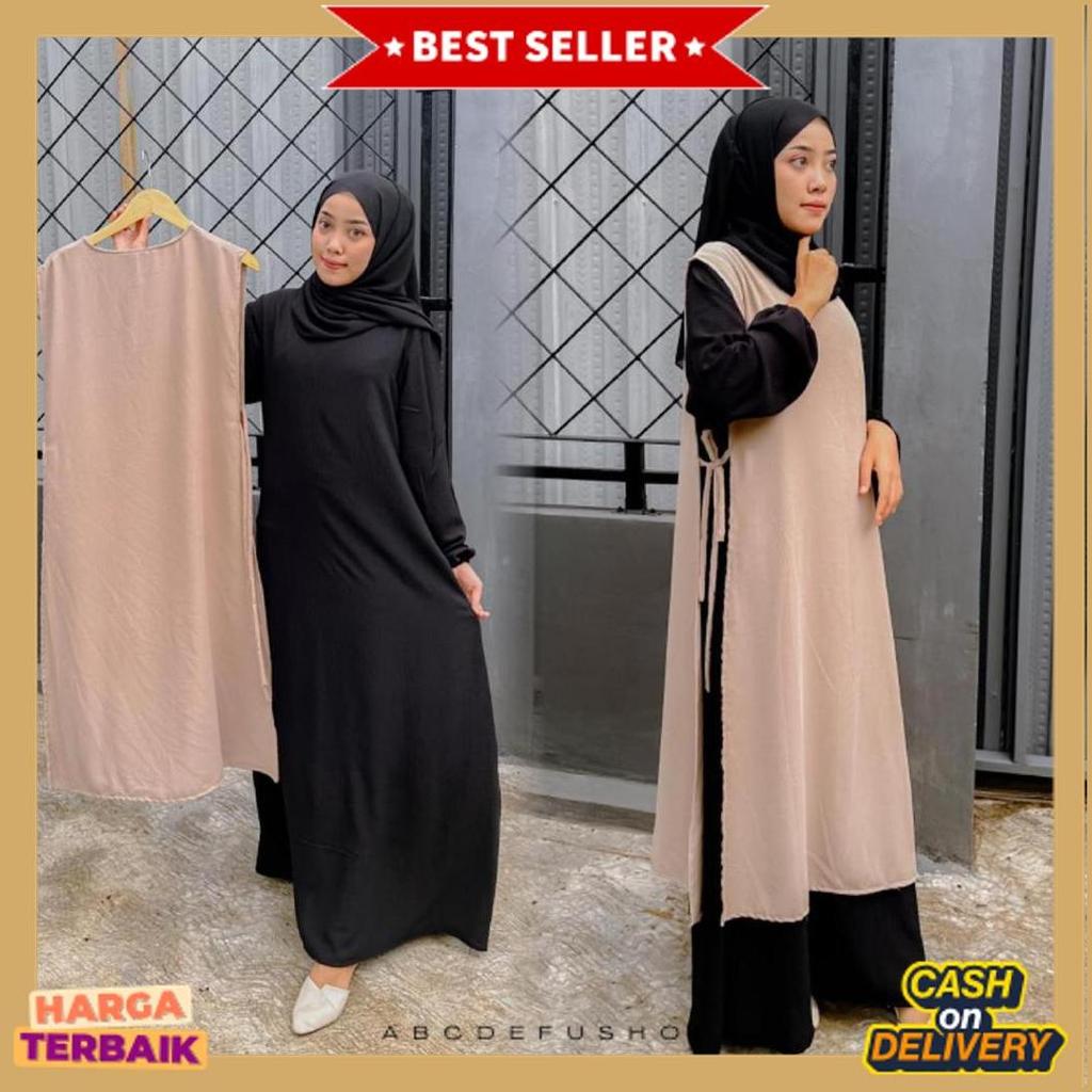 High Quality Safira Abaya Hitam Coksu Turkey Gamis Syari Muslimah Bahan Crinckle Coksu Kombinasi Hit