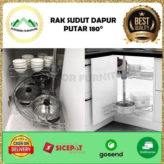 Murah Rak Sudut 2 Susun 180 Derajat Bisa Diputar 1/2 Lingkaran Putar Wire Revolving Basket Organizer