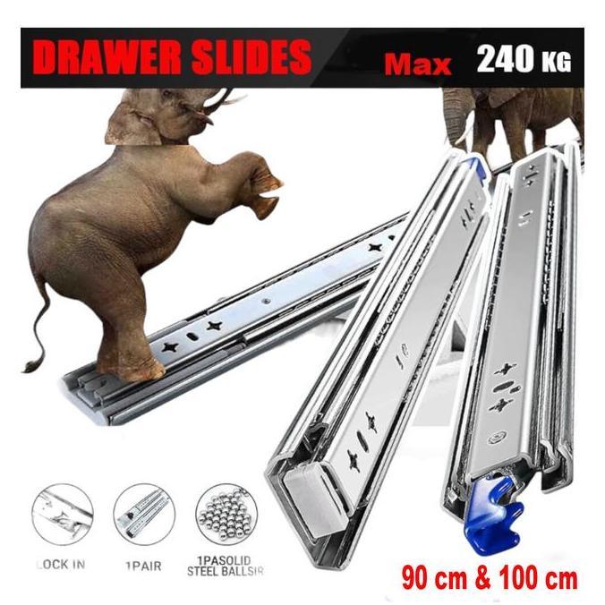 Murah Heavy Duty Drawer Slide With Lock Rel Laci Kunci  100 Cm 240Kg