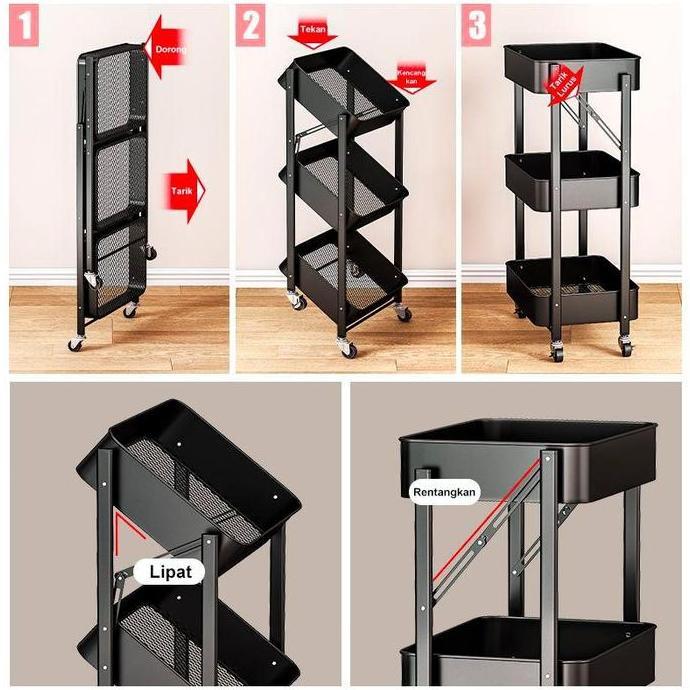 SUPER DEAL - Besi 100%Rak Troli Besi 3 Susun Rak Lipat Rak Dapur StainlessRak Roda Serbaguna Rak Pen