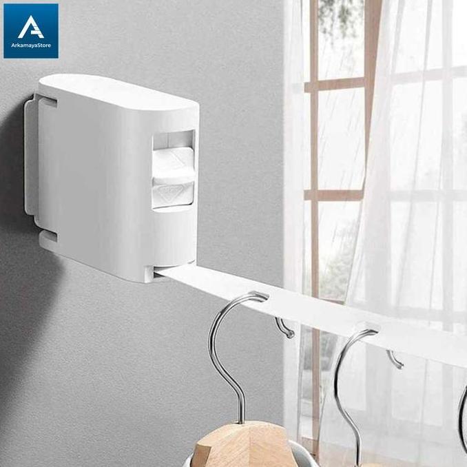 jemuran baju lipat tempel dinding praktis gantungan baju tali gulung