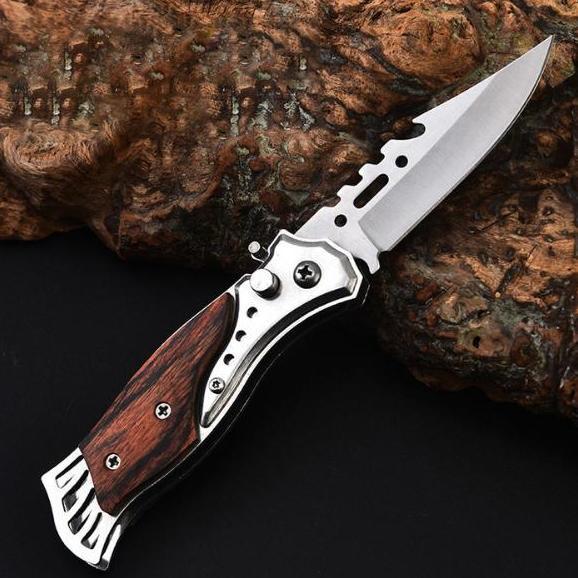Vandring- Ks Pisau Lipat Outdoor Pegangan Motif Kayu Knife Stainless Pocket Premium