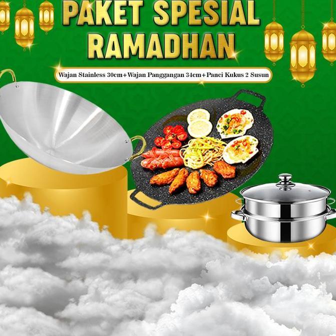 (SS) Paket Super Lengkap Wajan Stainless Steel 30cm + Wajan Panggangan 34cm Anti Lengket + Panci Sup