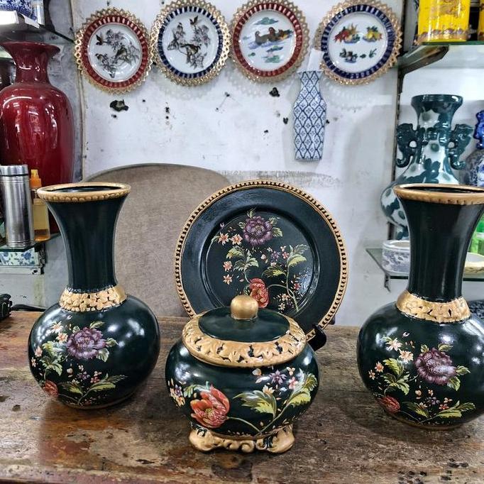 vas keramik bunga set piring hias pajangan rumah LL
