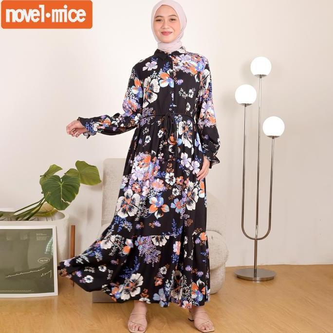 NovelMice|GamisWanitaRayon TwillBungaHitam|DressWanitaLenganPanjangMotifFloral