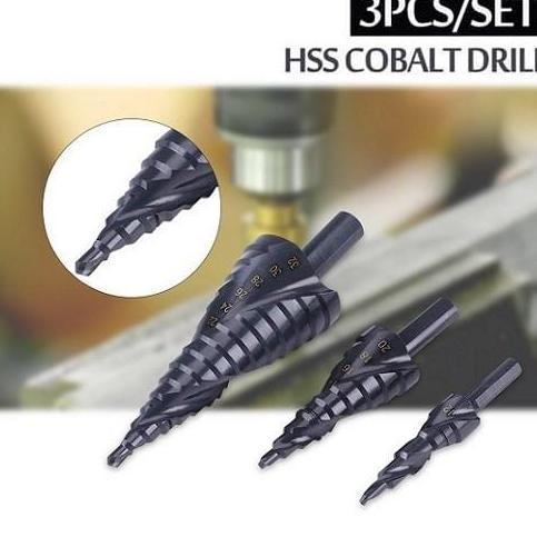 3 PCS 3 SET MATA BOR PAGODA HSS TITANIUM COATED COBALT SPIRAL STEP DRILL BITS HEX SHANK