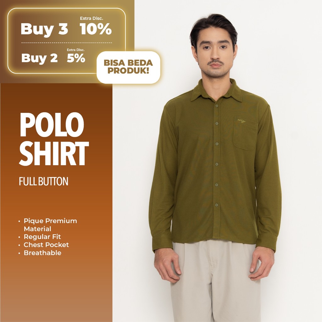 Erigo Polo Shirt Full Button Long Sleeve Beornet Olive - Kemeja Kerah Lengan Panjang Polos Unisex