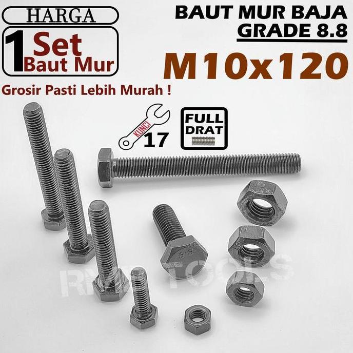 Baut Mur BAJA Hitam M10x120 Grade 8.8 Kunci 17 BMH M10 Full Drat terlaris