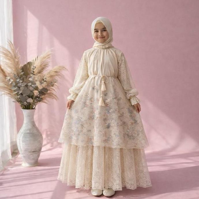 3-12tahun Gamis Malay brokat set hijab | Gamis trend Lebaran terbaru baju muslim Anak Perempuan TA