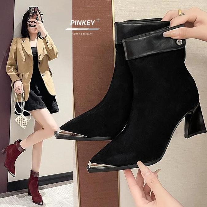 BER_KABIET - PINKEY P385 SEPATU WANITA BOOTS IMPORT KOREA HEELS HAK TINGGI 7CM MODEL BOOTS BLACK SHO