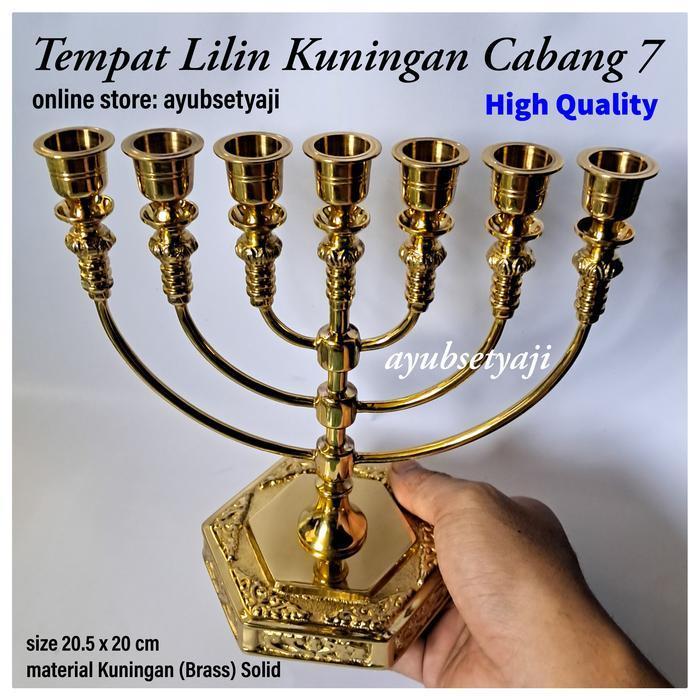 Tempat Lilin Kuningan Cabang 7 MENORAH Brass Wadah Datar Kaki Dian ALTAR ANTIQUE BRASS Gold Candle