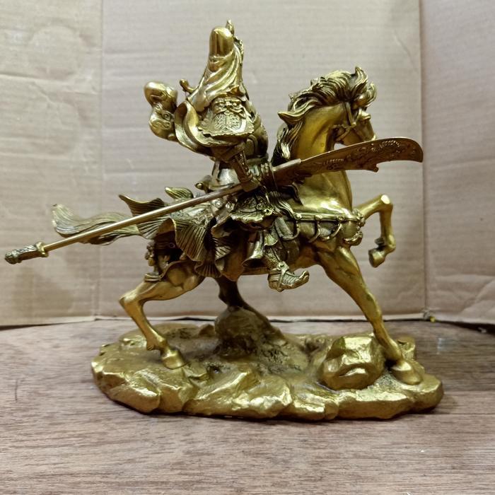 patung kwan kung kwan kong guan yu naik kuda 8 inch kuningan - 01