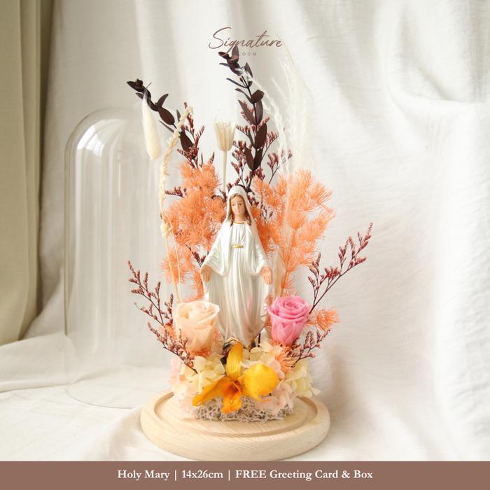 (SB) Mother Mary Figure Flower Dome Preserved | Patung Bunda Maria Bunga Abadi Kering Pajangan Gift