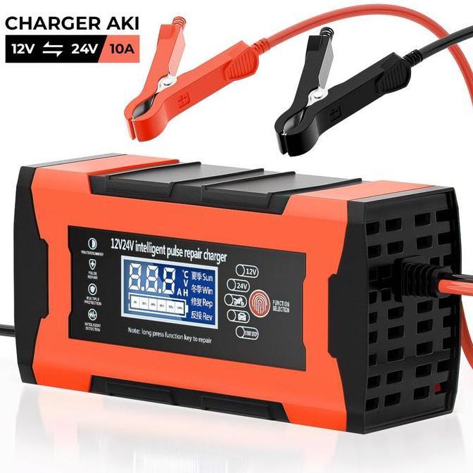 Charger Aki Otomatis 12V-24V 10A Charger Aki Portable LCD Indikator Cas Aki - 12V24V-10A
