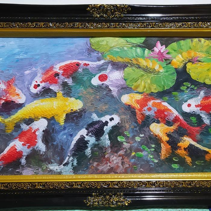 lukisan ikan koi timbul timbul sudah dengab pigura kayu ukuran 140x80