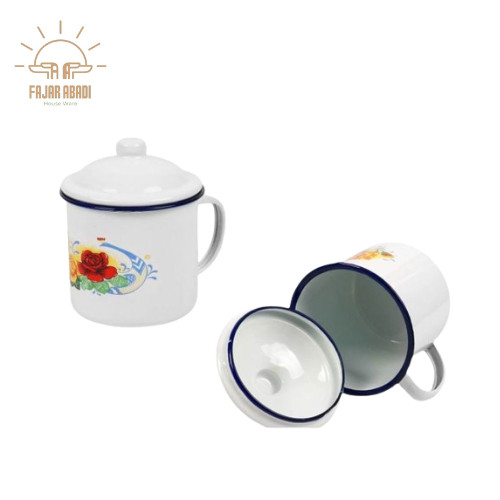 Mug Enamel Motif Bunga/Gelas Mug Enamel Jadul Tutup