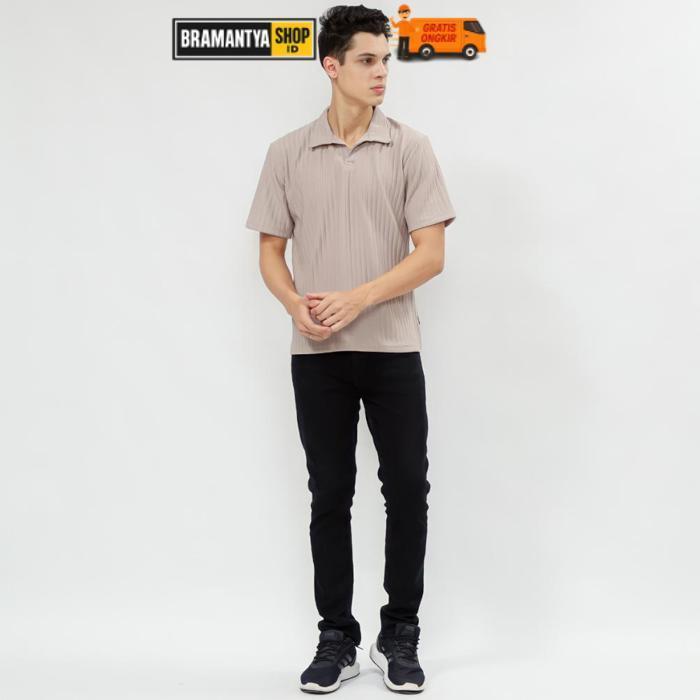 Original Casualuxe Kaos Polo Shirt Pria Berkerah Bahan Knit Motif Original Beige