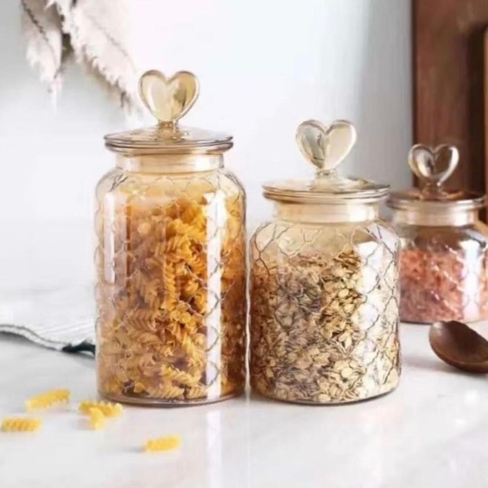 Termurah Toples Kaca Tutup Hati Set 3 |Toples Kaca Kue |Toples Kaca Kue Lebaran