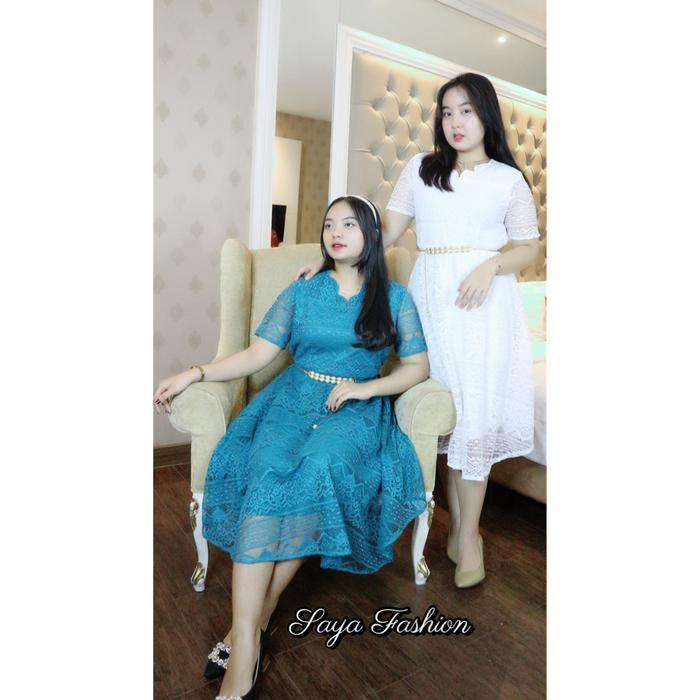 Bisa Cod - Dress Brokat Polos Non Gliter Free Belt Mutiara Gaun Pesta Kondangan Mewah 5150